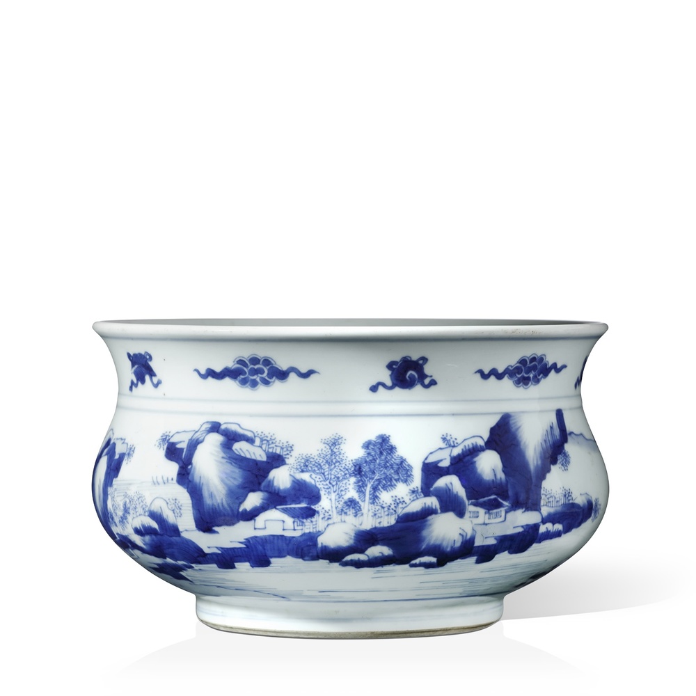 A blue and white incense burner