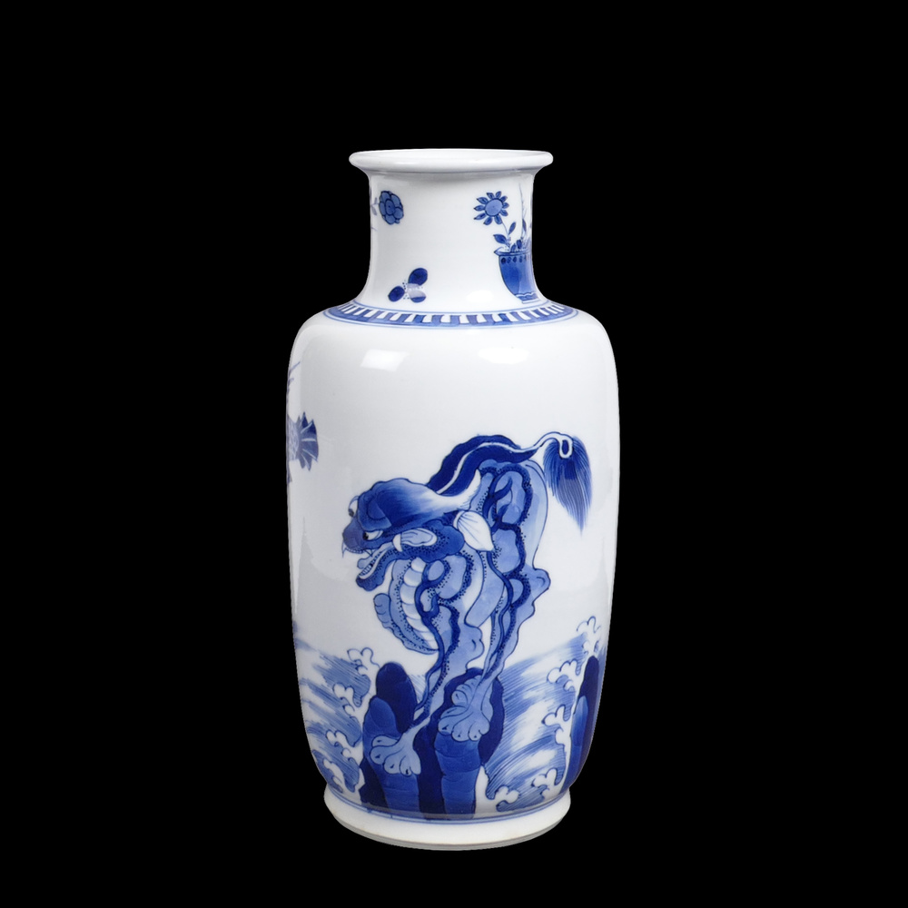 A small blue and white vase