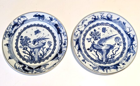 元時代　染付青花牡丹鳳凰花鳥文洗　輪花盤　古染付皿　唐物(A-79) 元時代 染付青花牡丹鳳凰花鳥文洗 輪花盤 古染付