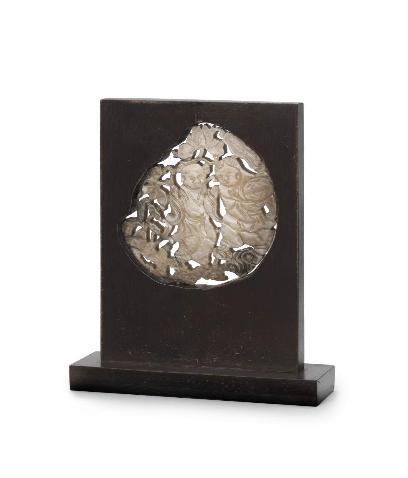 WF 56 A ‘Chicken Bone’ Jade Carved And Pierced Plaque<br><br>宋 鏤雕和合二仙雞骨玉飾