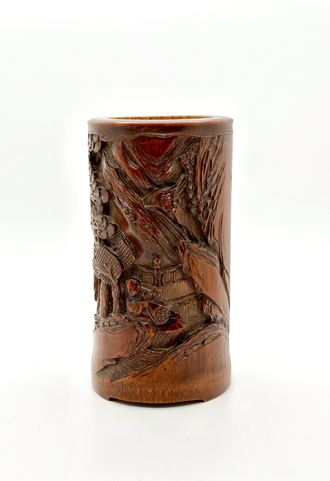 アンティークな中国筆筒　古竹彫刻 中国 古竹彫刻 清明上河図刻 筆筒 V R7106 最 安値 で