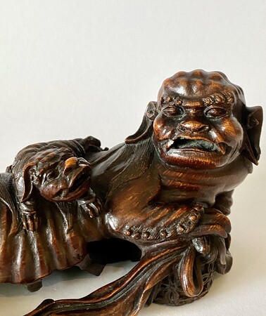 希少　骨董品　金彩　木彫　清時代　民国　大型　壁飾り　唐木 wf-97-a-bamboo-lion-and-cub-